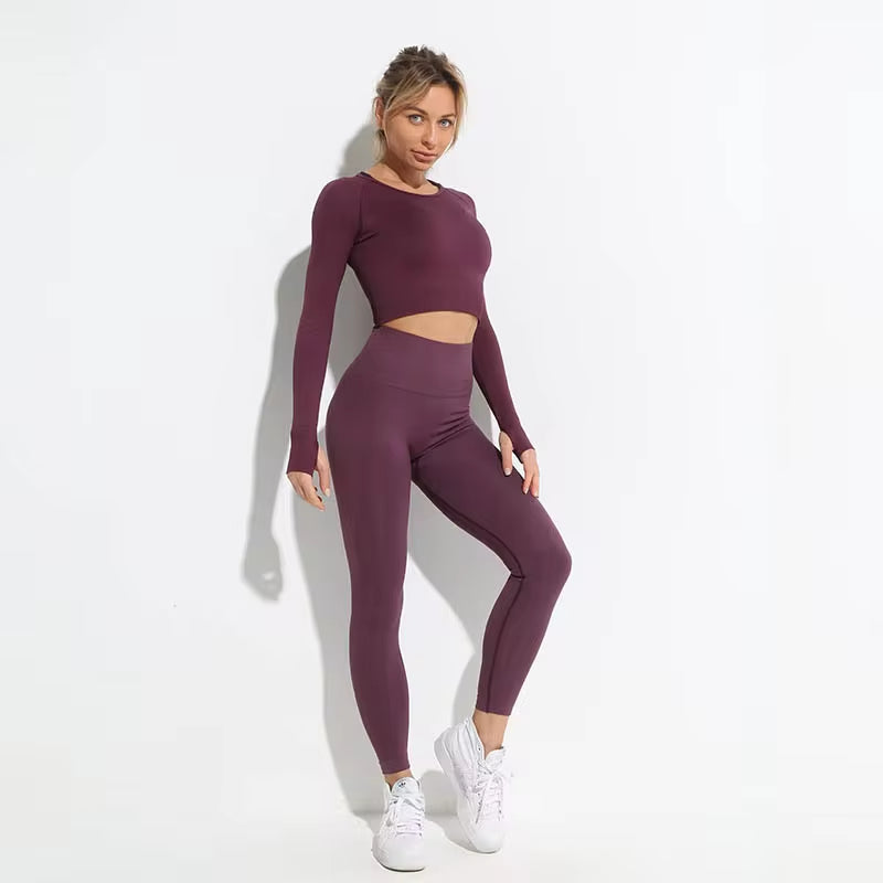 2 Piece Hyperflex Workout Long Sleeve Crop Top and High Waist Leggings