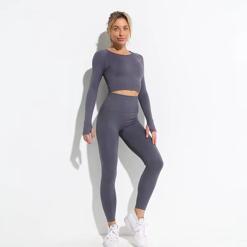 2 Piece Hyperflex Workout Long Sleeve Crop Top and High Waist Leggings