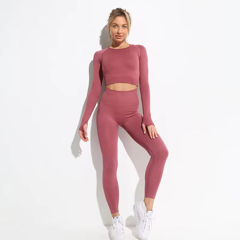 2 Piece Hyperflex Workout Long Sleeve Crop Top and High Waist Leggings