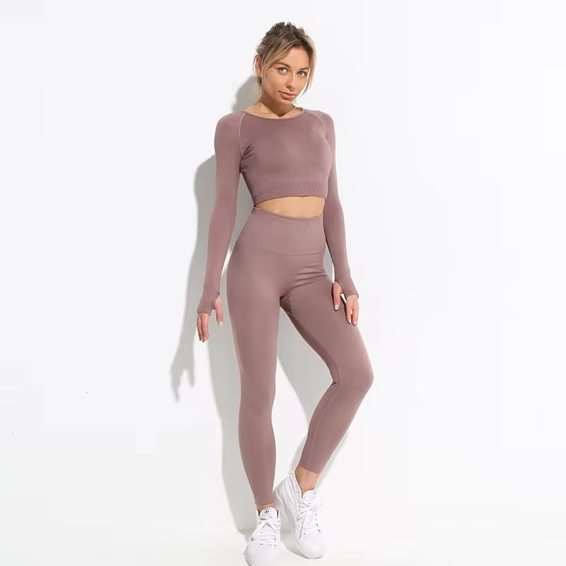 2 Piece Hyperflex Workout Long Sleeve Crop Top and High Waist Leggings